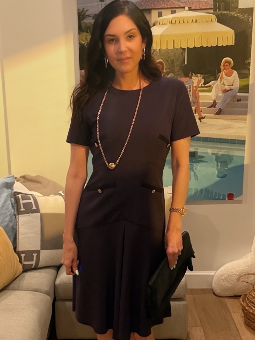 Vintage Chanel 90s Aubergine Dress CC Gold Button Silk Lined